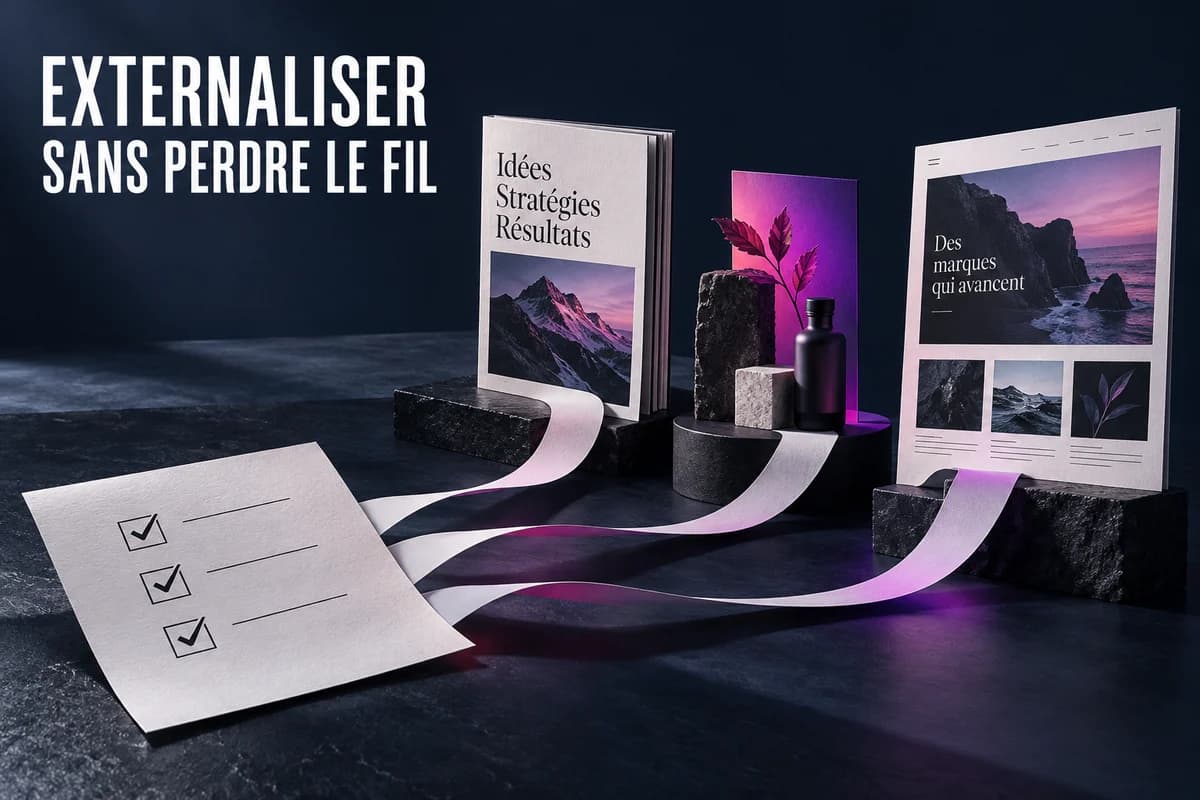 Un brief relie une brochure, une campagne et une page web, illustration de la coordination marketing.