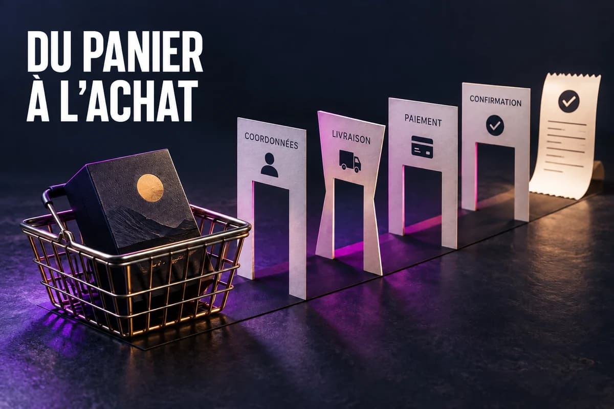 Un panier et plusieurs passages en papier illustrent les obstacles entre le choix du produit et la commande.