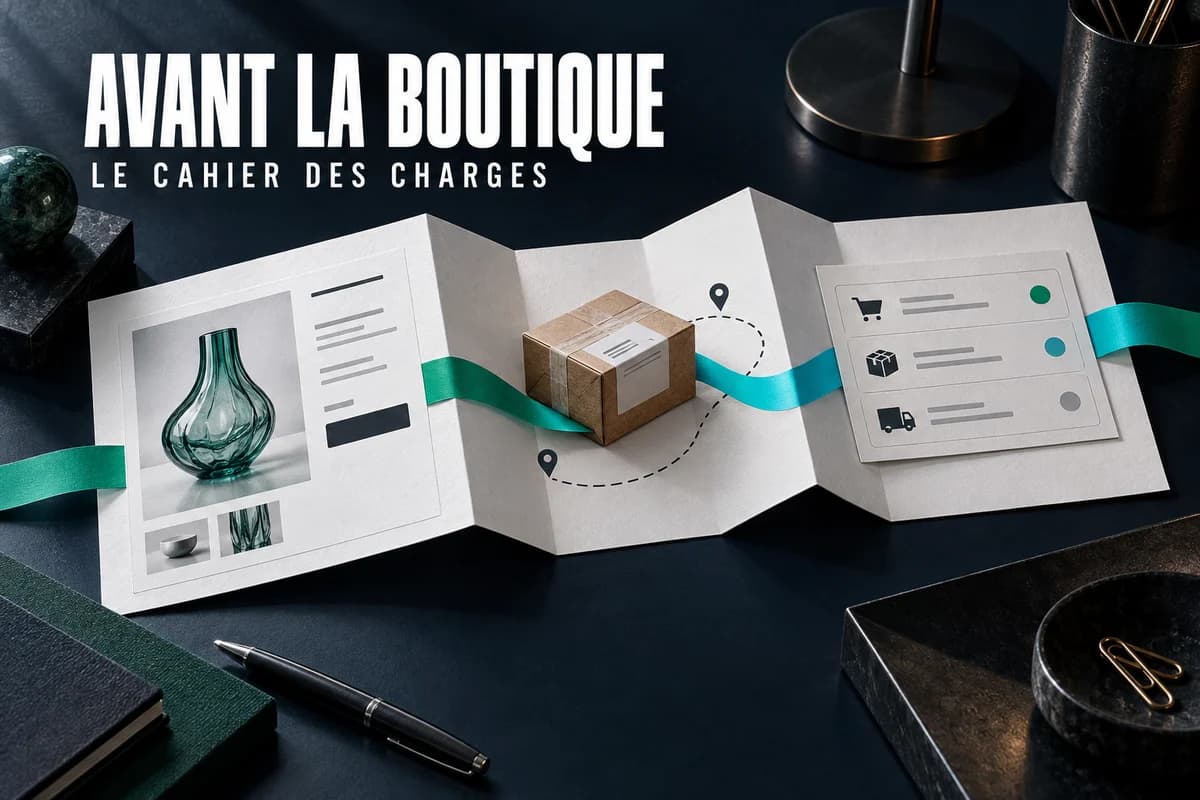Une maquette de boutique en papier relie une fiche produit, un colis et un tableau de commandes.