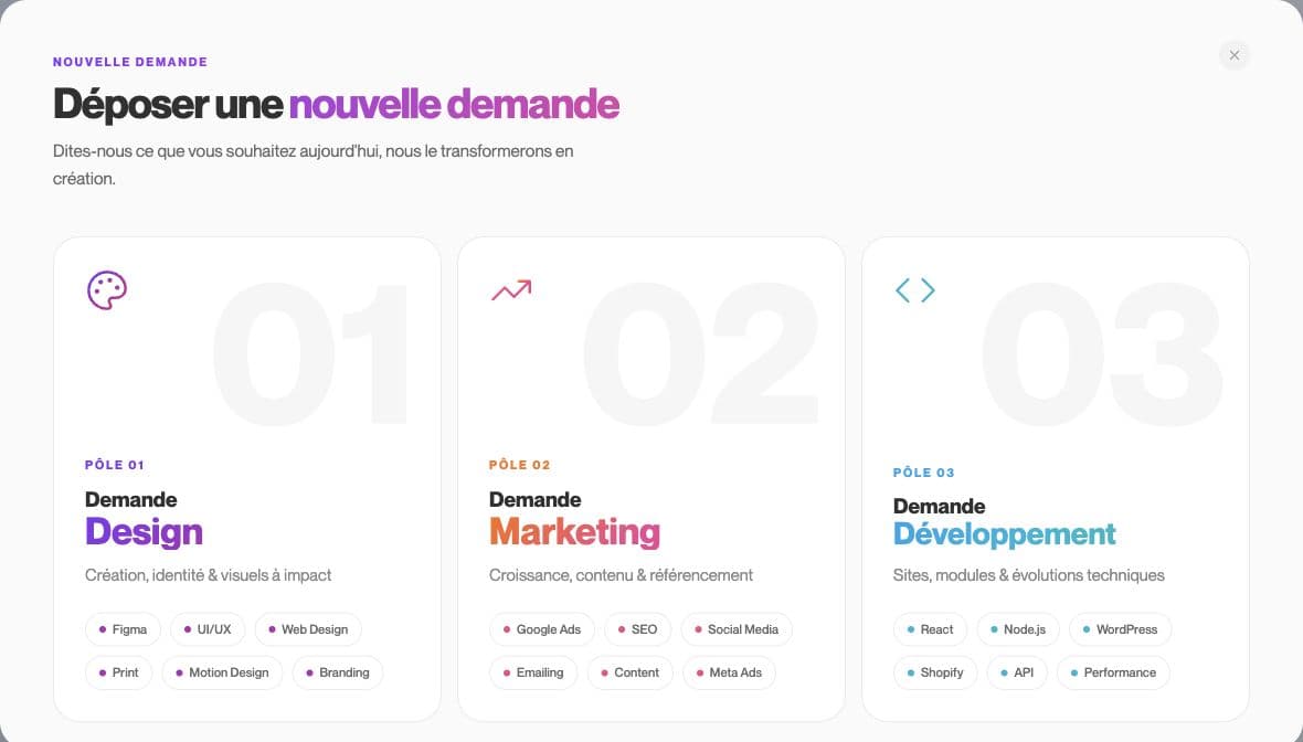 Formulaire My Infinity : choisir Design, Marketing ou Développement avant de préciser le livrable.
