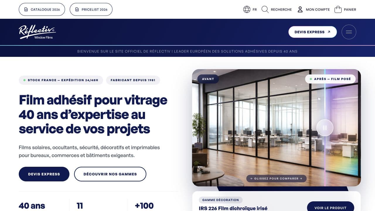 Reflectiv French public homepage with adhesive film ranges and a glazing comparison