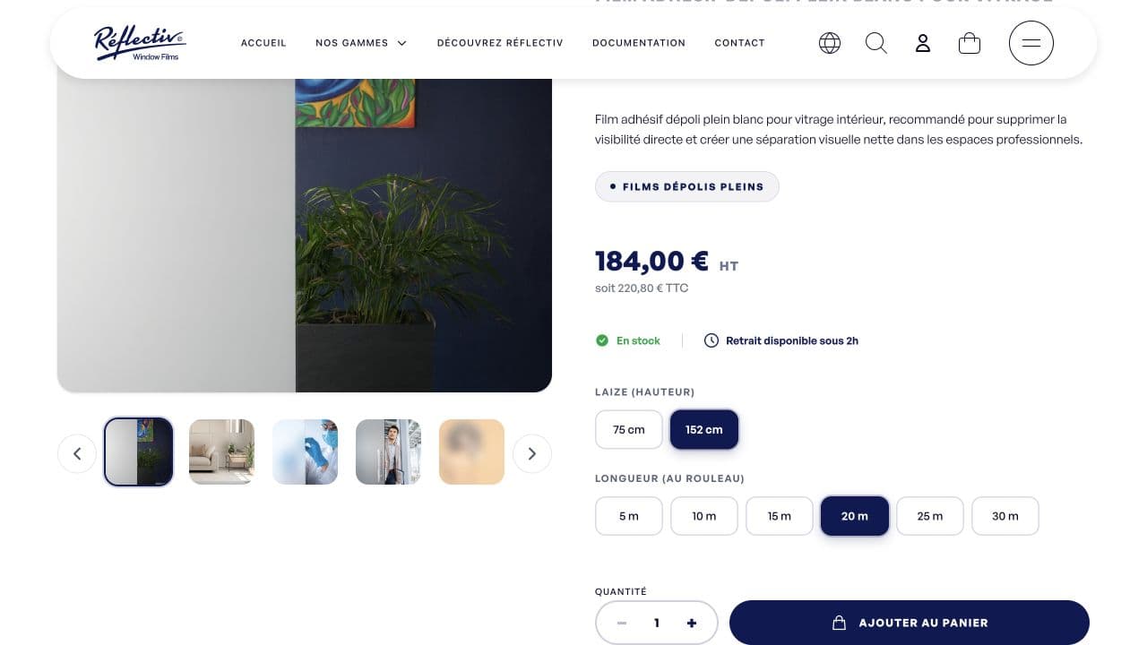 Reflectiv French public INT 200 page with 152 cm width and 20 m length selected, price and basket button
