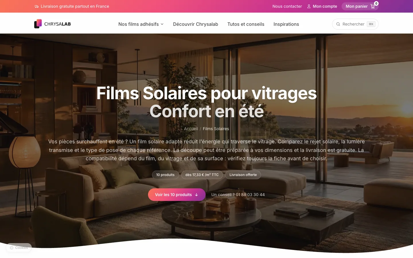 Page de gamme Chrysalab dédiée aux films solaires pour vitrages, avec présentation des usages et accès aux produits