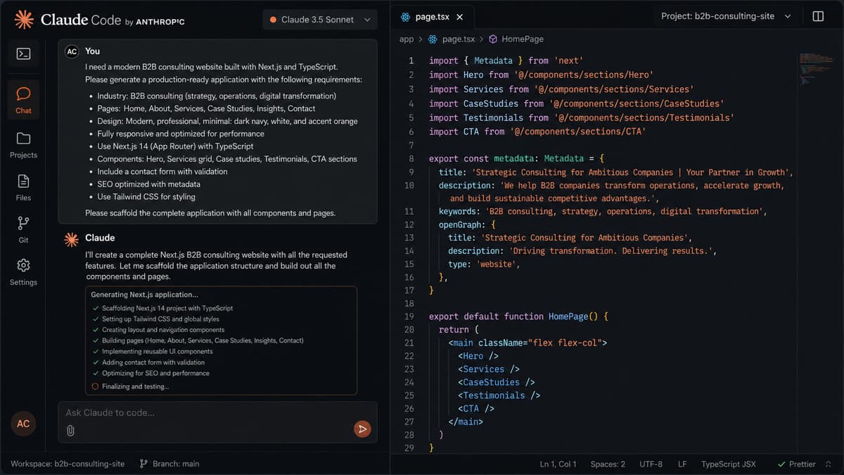 Claude Code generating a complete Next.js application in TypeScript for a B2B consulting firm website