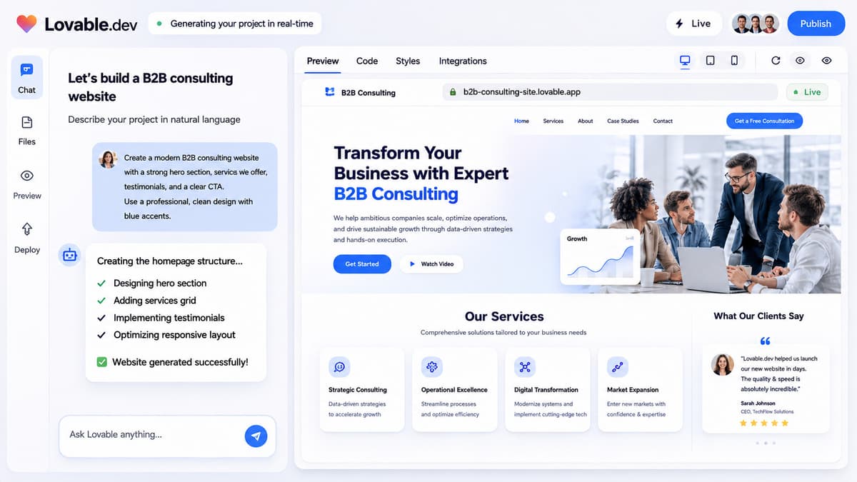 Lovable generates a French SMB website in real-time with its no-code AI interface and integrated Supabase backend