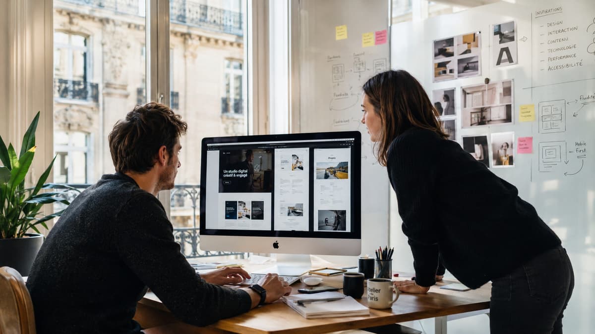 Parisian French web agency studio with designer and developer working on a B2B SMB website