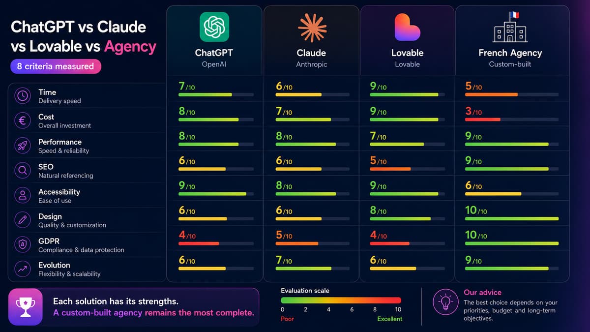 Detailed comparison table of ChatGPT, Claude, Lovable and French agency scores across 8 criteria for SMB website creation in 2026
