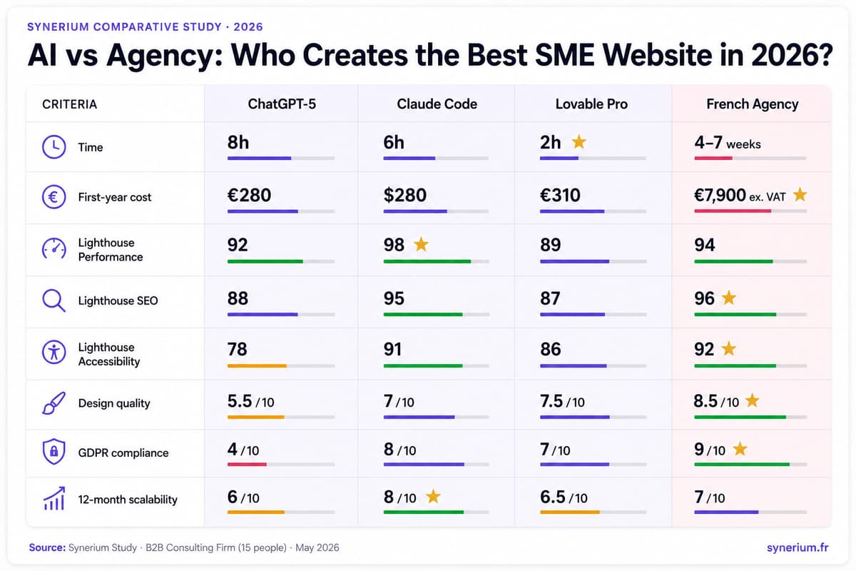 Lighthouse Performance, SEO and Accessibility scores chart comparing ChatGPT-5, Claude Code, Lovable Pro and a French web agency in 2026