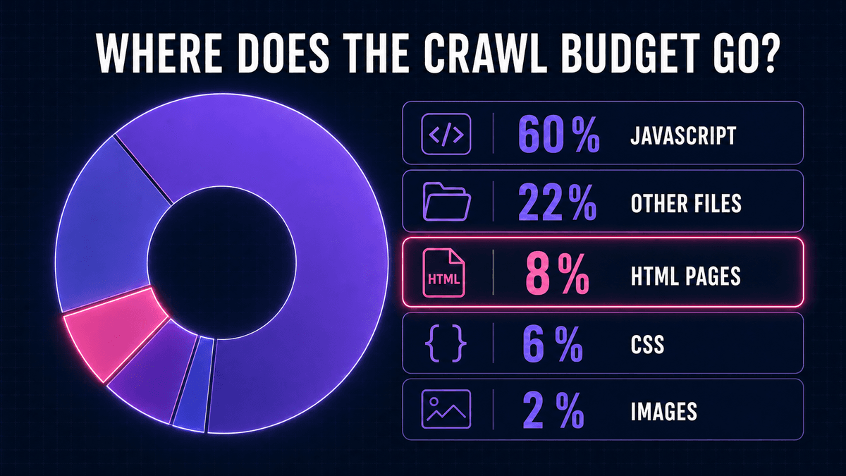 Google crawl budget breakdown by file type: 60% JavaScript, 22% other files, 8% HTML pages, 6% CSS, 2% images