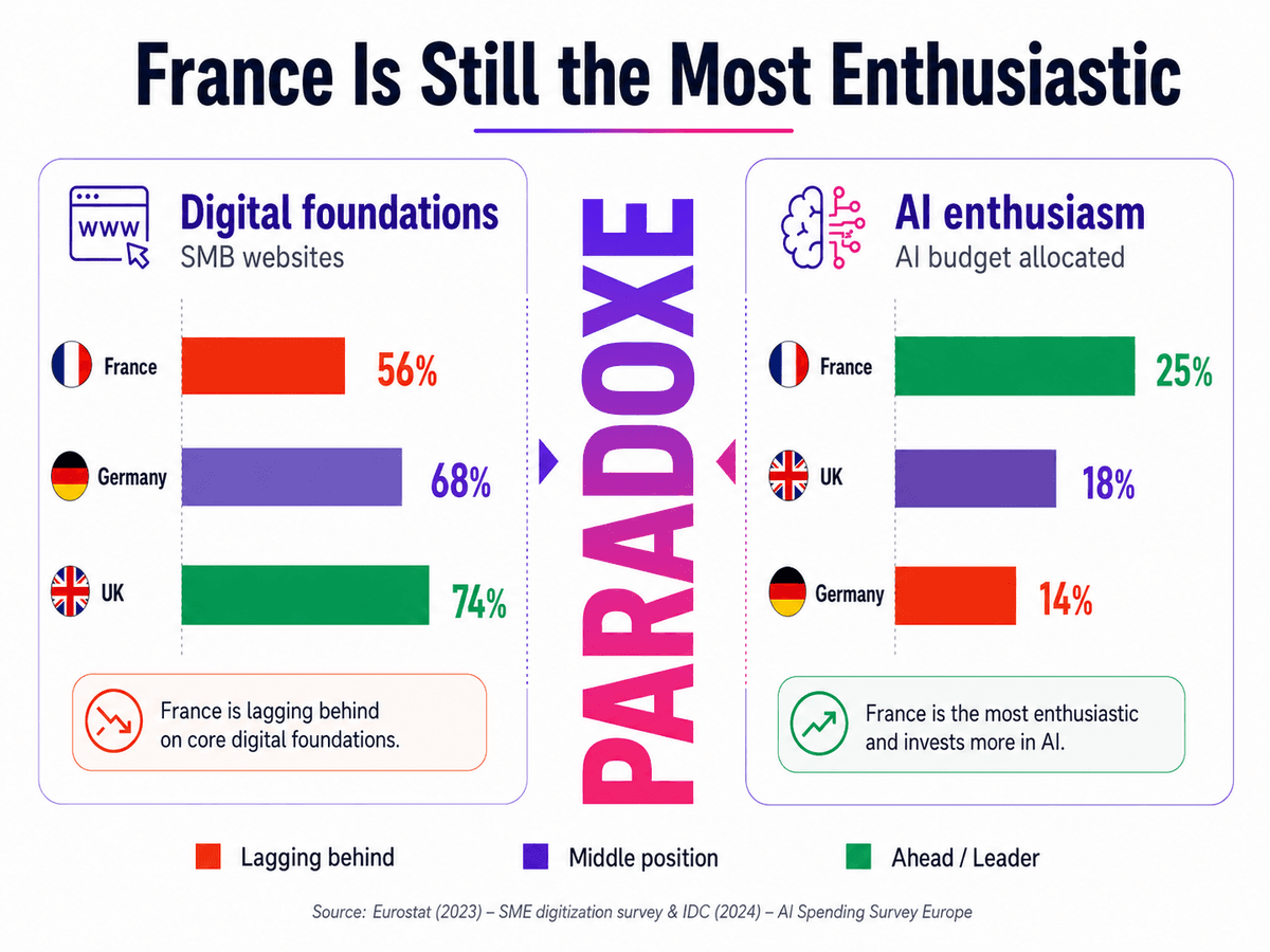 French paradox: weak digital foundations vs high AI enthusiasm Ionos 2026 study