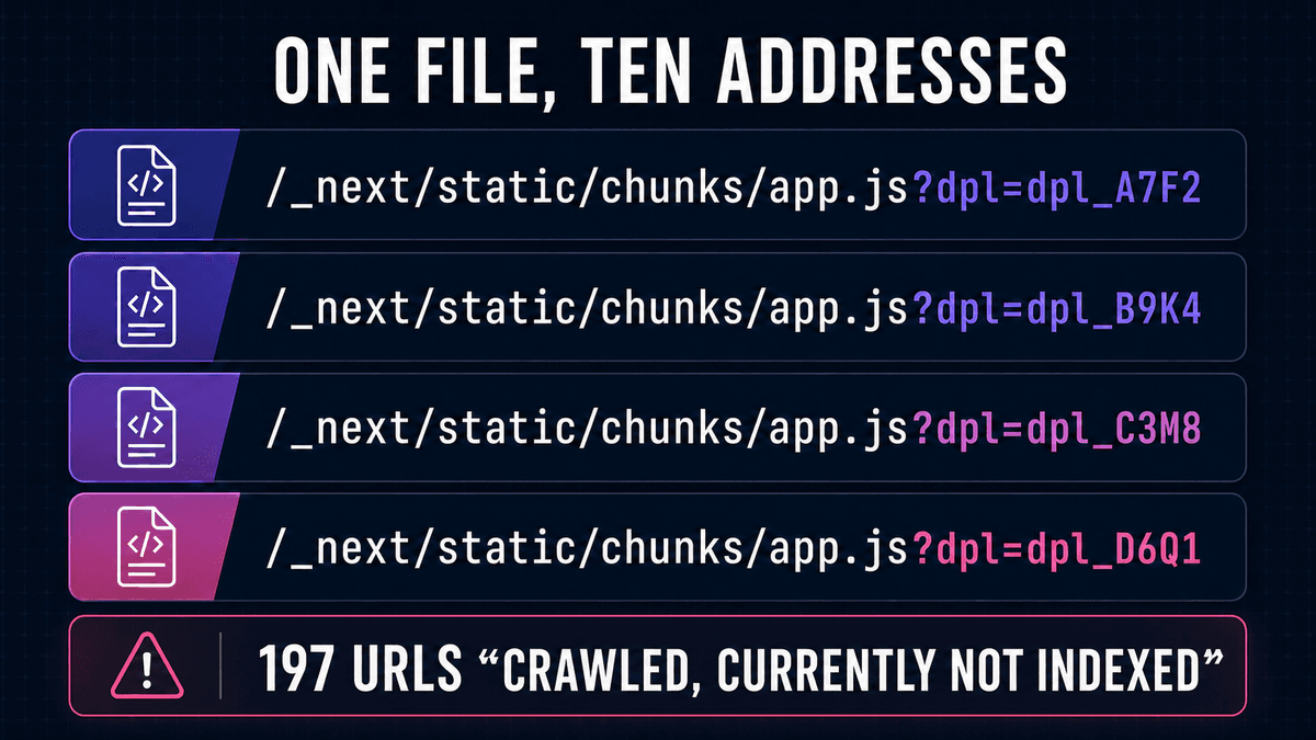 List of technical file addresses in Search Console, each carrying a different deployment identifier