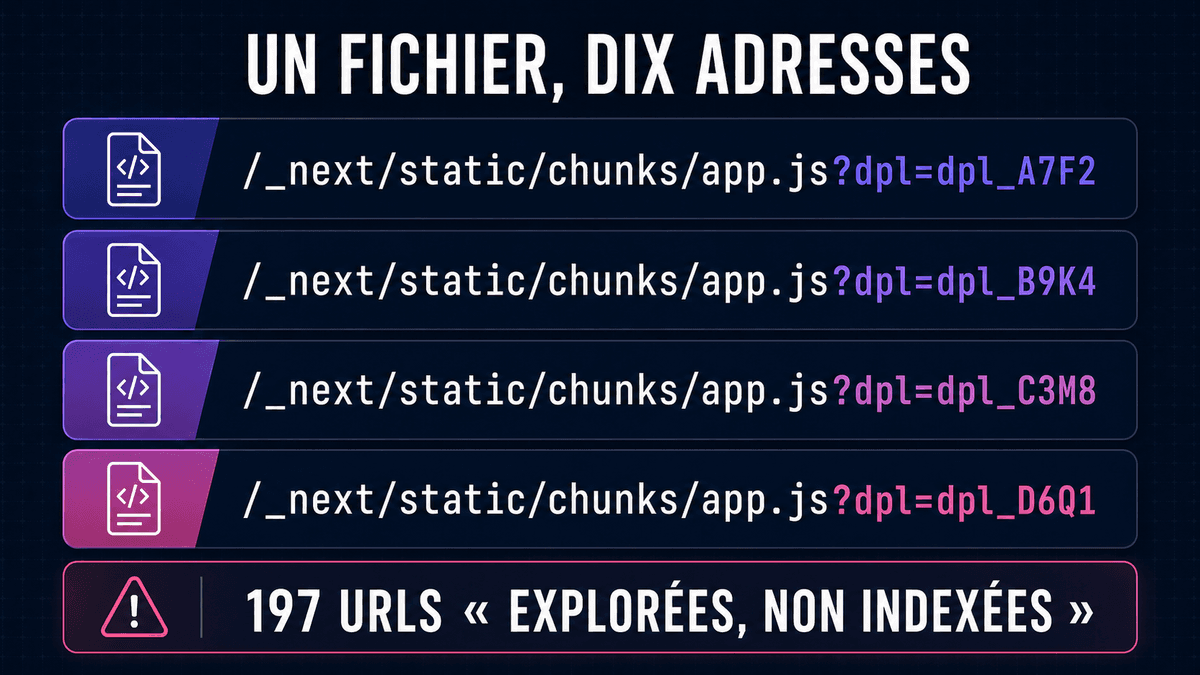 Liste d'adresses de fichiers techniques dans Search Console, chacune portant un identifiant de déploiement différent