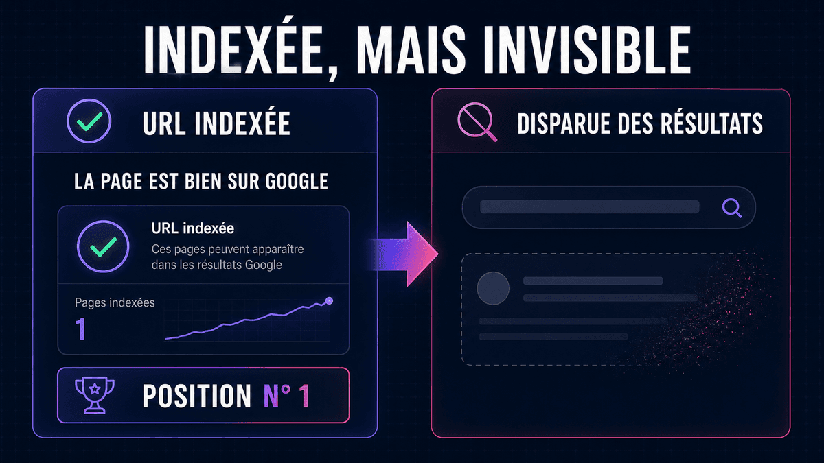 Rapport Search Console indiquant qu'une page est correctement indexée alors qu'elle a disparu des résultats de recherche