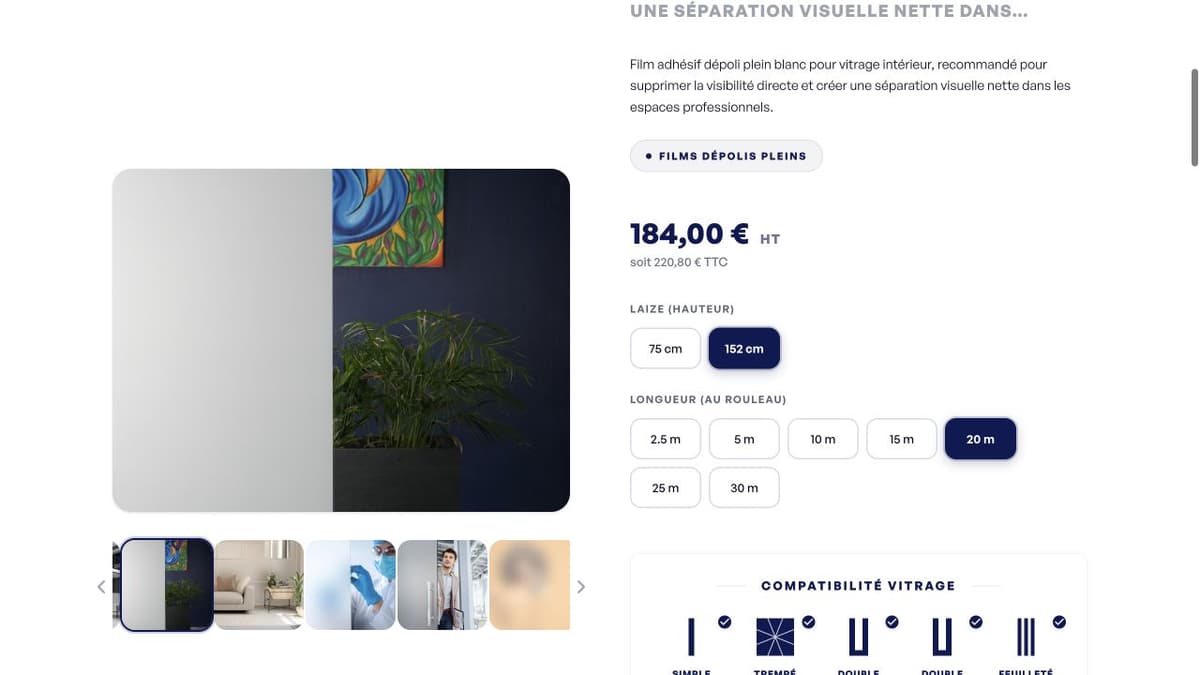 Fiche produit Reflectiv avec choix de la largeur, de la longueur et prix correspondant.