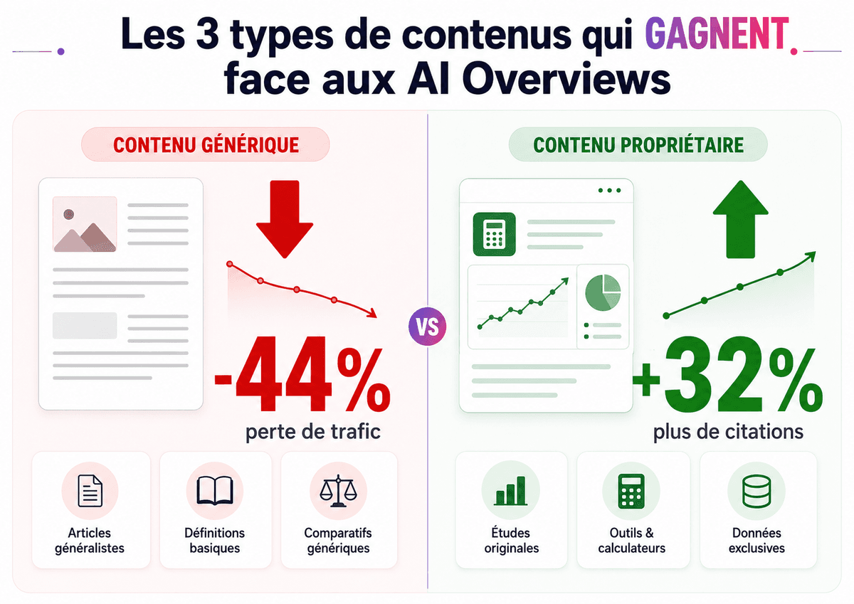 Contenus perdants vs gagnants face aux AI Overviews : générique vs propriétaire