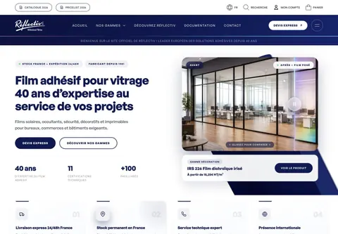 Capture complète de l’accueil Reflectiv : navigation, présentation des films adhésifs, comparaison avant-après et accès aux gammes